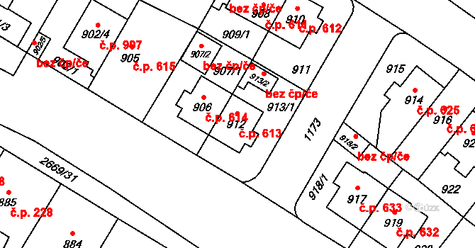 Hostivař 613, Praha na parcele st. 912 v KÚ Hostivař, Katastrální mapa