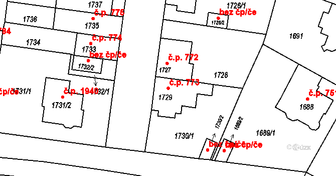 České Budějovice 7 773, České Budějovice na parcele st. 1729 v KÚ České Budějovice 7, Katastrální mapa