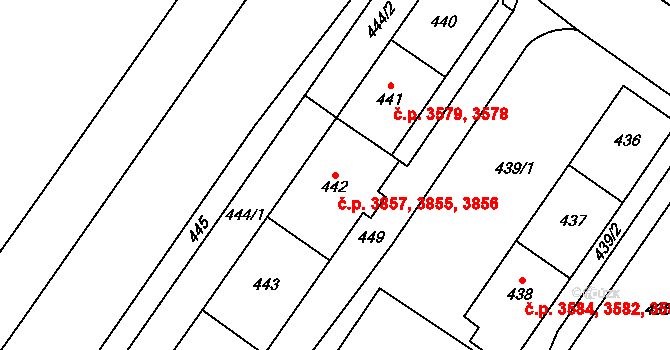 Chomutov 3855,3856,3857 na parcele st. 447 v KÚ Chomutov I, Katastrální mapa
