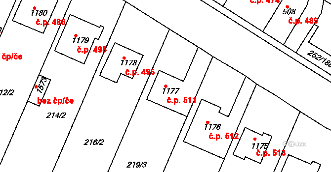 Rosice 511 na parcele st. 1177 v KÚ Rosice u Brna, Katastrální mapa