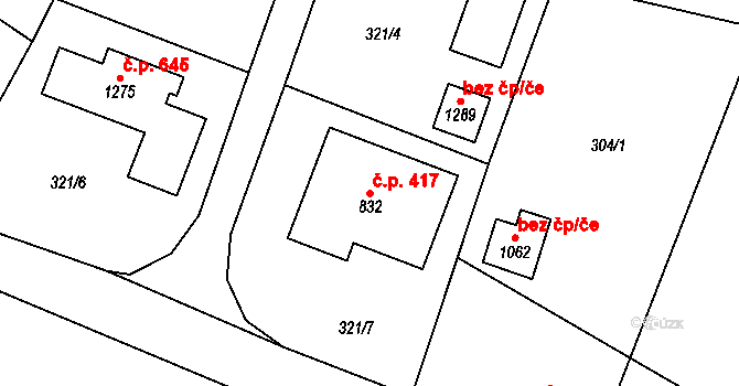 Velké Popovice 417 na parcele st. 832 v KÚ Velké Popovice, Katastrální mapa