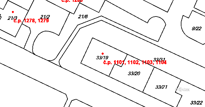 Doubravka 1101,1102,1103,1104, Plzeň na parcele st. 33/19 v KÚ Doubravka, Katastrální mapa