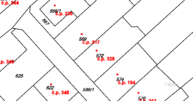 Měřín 328 na parcele st. 572 v KÚ Měřín, Katastrální mapa