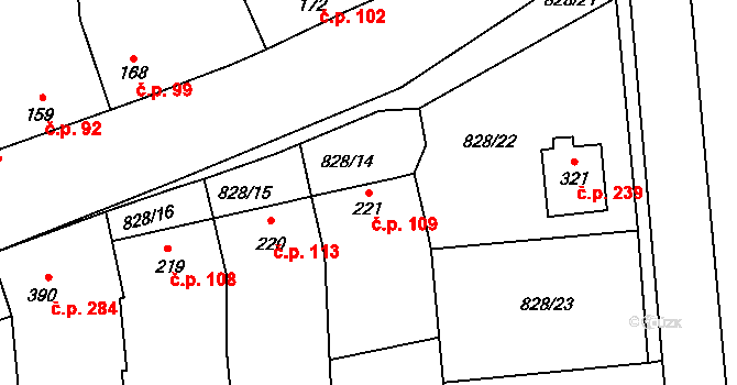 Louky 109, Zlín na parcele st. 221 v KÚ Louky nad Dřevnicí, Katastrální mapa