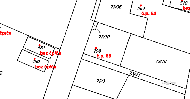 Byškovice 55, Neratovice na parcele st. 199 v KÚ Byškovice, Katastrální mapa