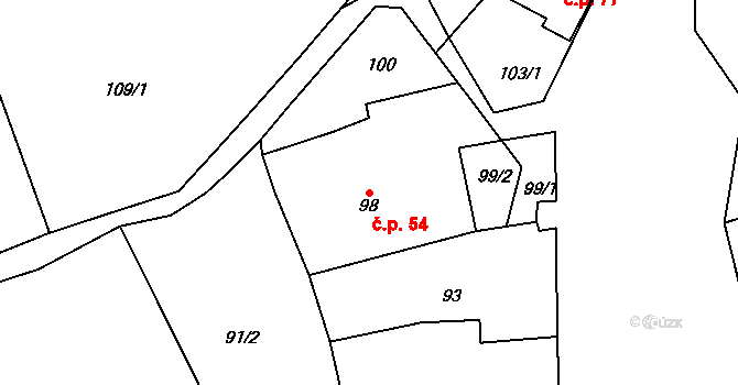 Chrudichromy 54 na parcele st. 98 v KÚ Chrudichromy, Katastrální mapa