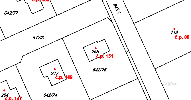 Pulice 151, Dobruška na parcele st. 258 v KÚ Pulice, Katastrální mapa