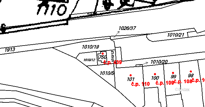 Hrochův Týnec 439 na parcele st. 750 v KÚ Hrochův Týnec, Katastrální mapa