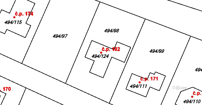 Černotín 182 na parcele st. 494/124 v KÚ Černotín, Katastrální mapa