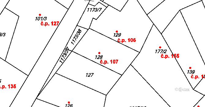 Jíkev 107 na parcele st. 128 v KÚ Jíkev, Katastrální mapa