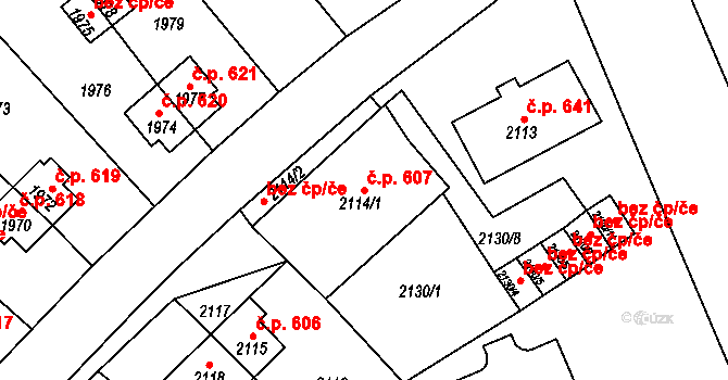 Zruč nad Sázavou 607 na parcele st. 2114/1 v KÚ Zruč nad Sázavou, Katastrální mapa