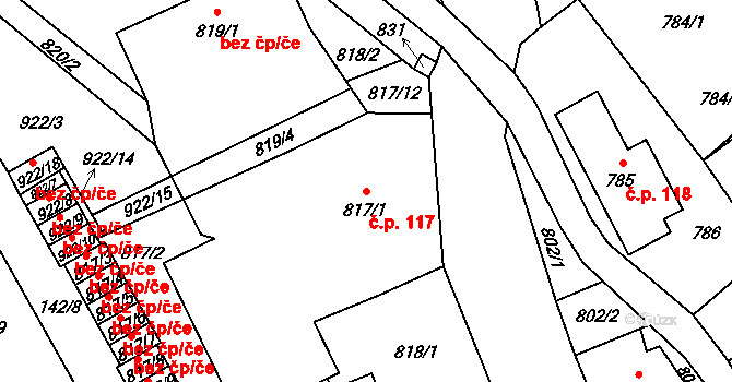 Arnultovice 117, Nový Bor na parcele st. 817/1 v KÚ Arnultovice u Nového Boru, Katastrální mapa