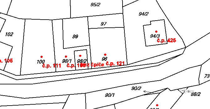 Hřebeč 121 na parcele st. 96 v KÚ Hřebeč, Katastrální mapa