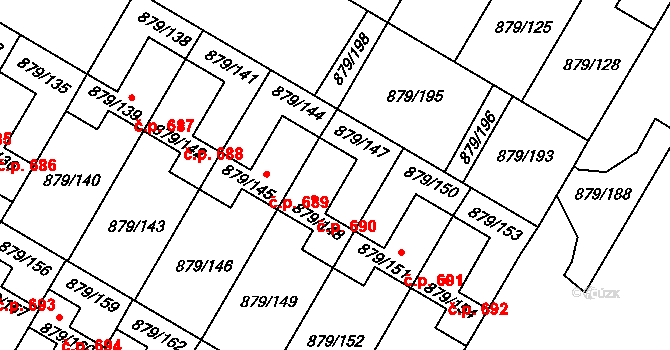 Kosmonosy 690 na parcele st. 879/148 v KÚ Kosmonosy, Katastrální mapa