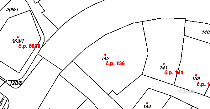 Chomutov 136 na parcele st. 142 v KÚ Chomutov I, Katastrální mapa