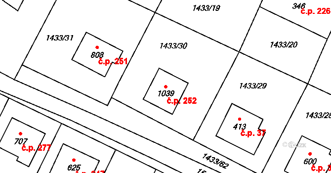 Příluky 252, Zlín na parcele st. 1039 v KÚ Příluky u Zlína, Katastrální mapa