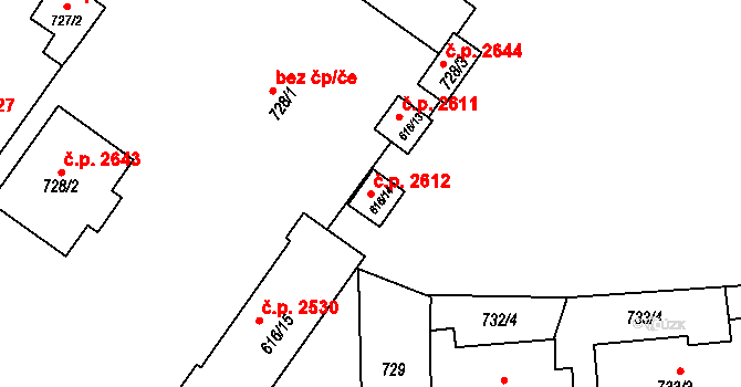Východní Předměstí 2612, Plzeň na parcele st. 616/14 v KÚ Plzeň, Katastrální mapa