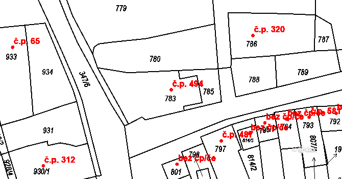 Hlohovec 494 na parcele st. 783 v KÚ Hlohovec, Katastrální mapa