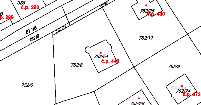 Poříčany 442 na parcele st. 752/54 v KÚ Poříčany, Katastrální mapa