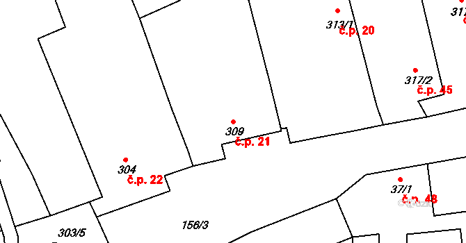 Koněšín 21 na parcele st. 309 v KÚ Koněšín, Katastrální mapa