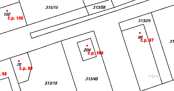 Hradišťko I 165, Veltruby na parcele st. 204 v KÚ Hradišťko I, Katastrální mapa