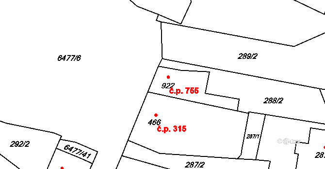 Napajedla 755 na parcele st. 922 v KÚ Napajedla, Katastrální mapa