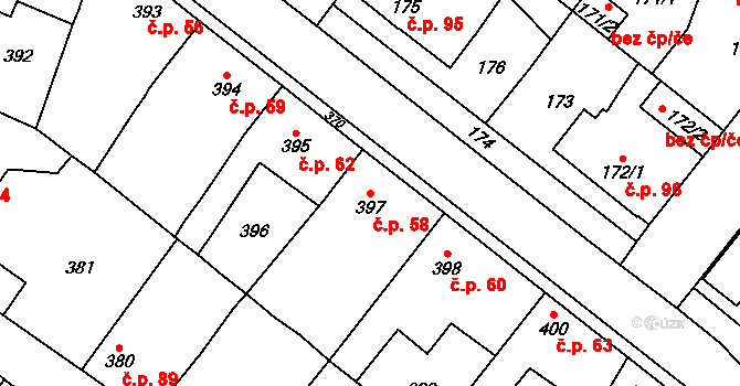Jinočany 58 na parcele st. 397 v KÚ Jinočany, Katastrální mapa