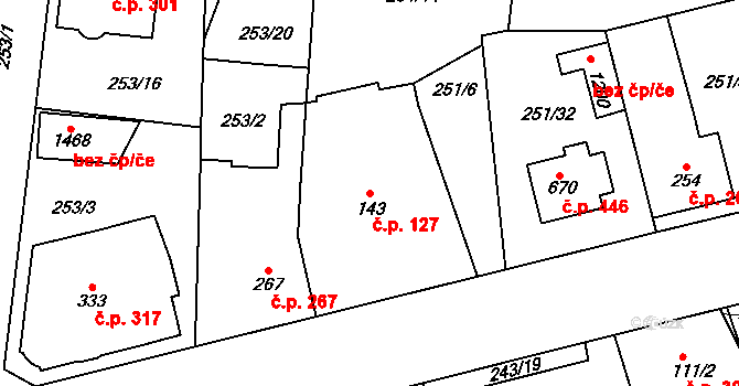 Rosice 127, Pardubice na parcele st. 143 v KÚ Rosice nad Labem, Katastrální mapa