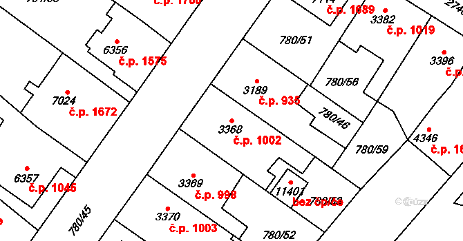 Bílé Předměstí 1002, Pardubice na parcele st. 3368 v KÚ Pardubice, Katastrální mapa