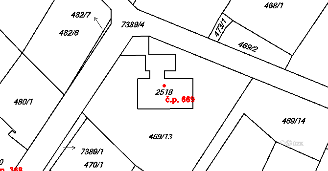 Telč-Staré Město 669, Telč na parcele st. 2518 v KÚ Telč, Katastrální mapa