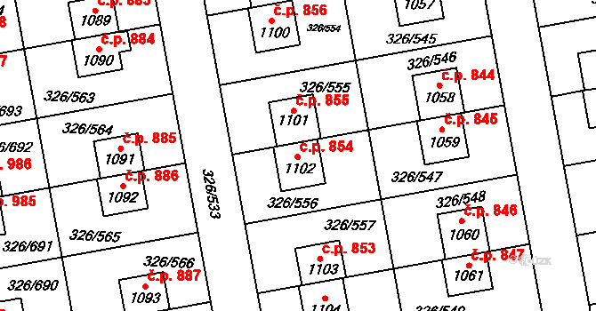 Nehvizdy 854 na parcele st. 1102 v KÚ Nehvizdy, Katastrální mapa