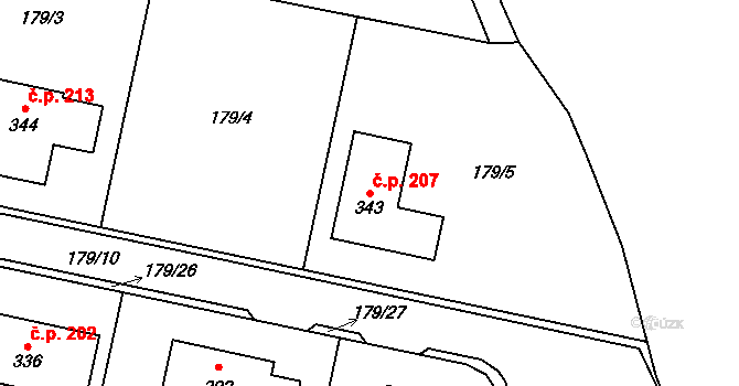 Hradešín 207 na parcele st. 343 v KÚ Hradešín, Katastrální mapa