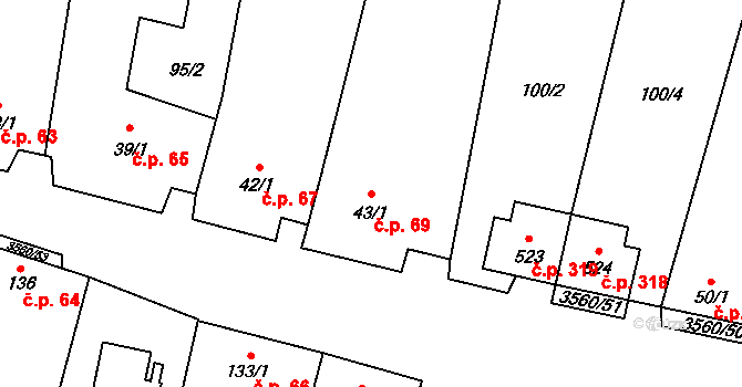 Hrabětice 69 na parcele st. 43/1 v KÚ Hrabětice, Katastrální mapa