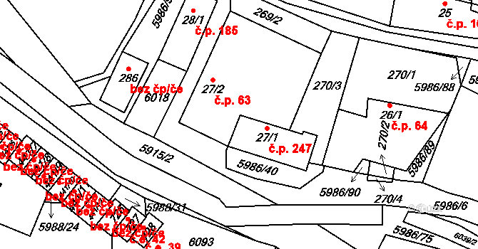 Kamenice 247 na parcele st. 27/1 v KÚ Kamenice u Jihlavy, Katastrální mapa