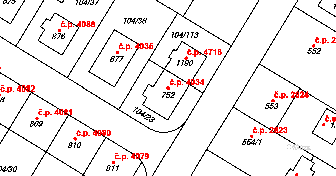 Jihlava 4034 na parcele st. 752 v KÚ Bedřichov u Jihlavy, Katastrální mapa