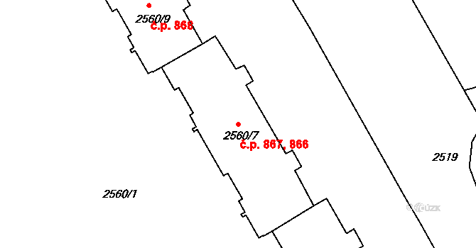 Lyžbice 866,867, Třinec na parcele st. 2560/7 v KÚ Lyžbice, Katastrální mapa