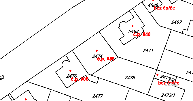 Čelákovice 658 na parcele st. 2474 v KÚ Čelákovice, Katastrální mapa