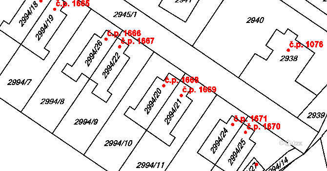 Roztoky 1668 na parcele st. 2994/20 v KÚ Žalov, Katastrální mapa