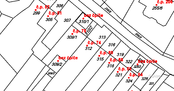 Popůvky 74 na parcele st. 312 v KÚ Popůvky u Brna, Katastrální mapa