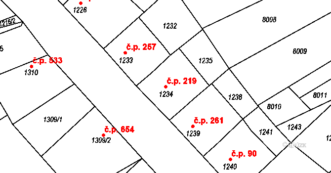 Šardice 219 na parcele st. 1234 v KÚ Šardice, Katastrální mapa