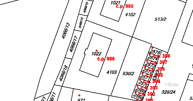 Kyjov 986 na parcele st. 1022 v KÚ Kyjov, Katastrální mapa