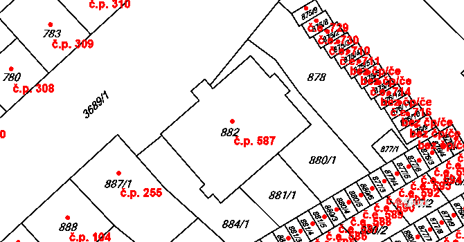 Vyškov-Předměstí 587, Vyškov na parcele st. 882 v KÚ Vyškov, Katastrální mapa