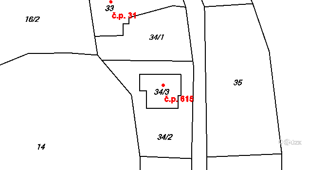 Fryčovice 615 na parcele st. 34/3 v KÚ Fryčovice, Katastrální mapa