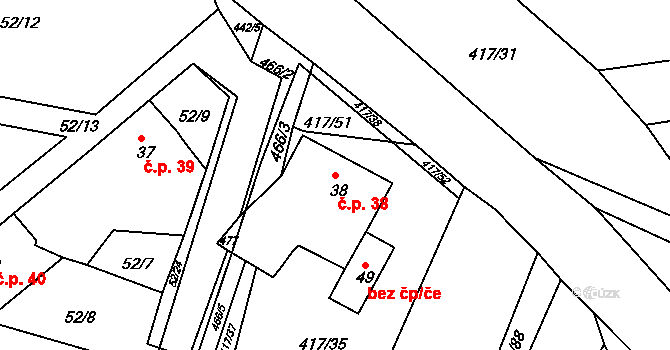 Kovářov 38, Bouzov na parcele st. 38 v KÚ Kovářov u Bouzova, Katastrální mapa