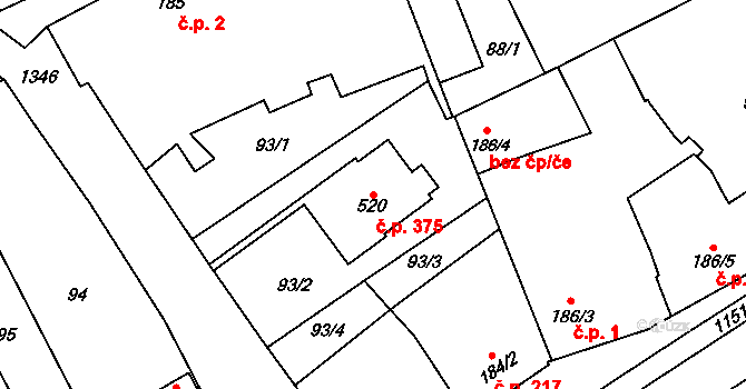 Senice na Hané 375 na parcele st. 520 v KÚ Senice na Hané, Katastrální mapa