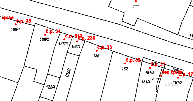 Mohelno 33 na parcele st. 185 v KÚ Mohelno, Katastrální mapa