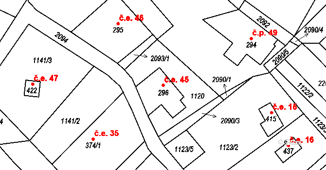 Polesí 45, Rynoltice na parcele st. 296 v KÚ Polesí u Rynoltic, Katastrální mapa