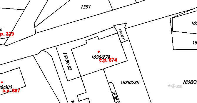 Teplické Předměstí 874, Bílina na parcele st. 1636/279 v KÚ Bílina, Katastrální mapa