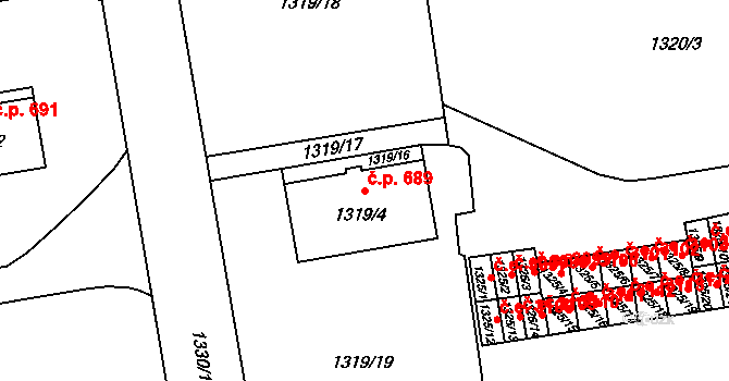 Prostřední Suchá 689, Havířov na parcele st. 1319/4 v KÚ Prostřední Suchá, Katastrální mapa