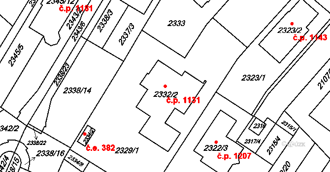 Komín 1131, Brno na parcele st. 2332/2 v KÚ Komín, Katastrální mapa